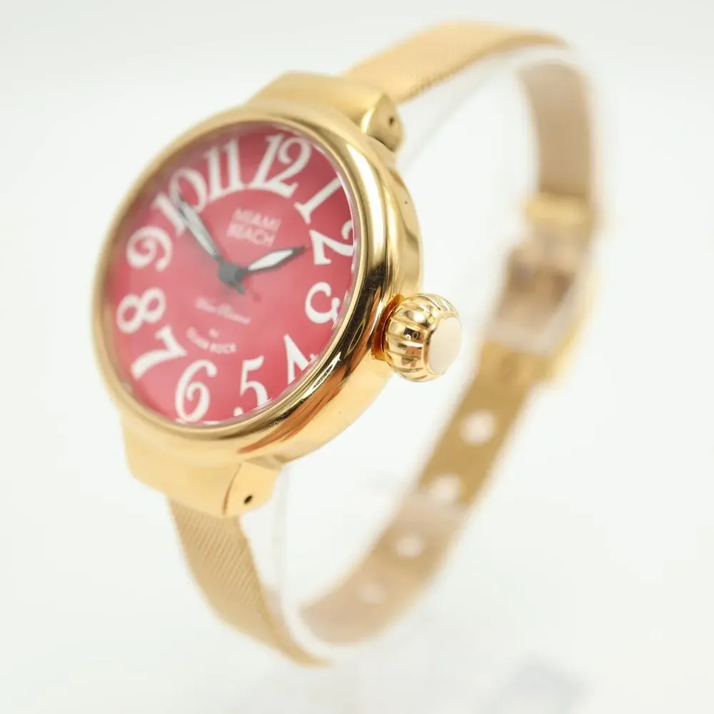 Miami Beach Glam Rock Gold Tone 36mm Red Womens Watch Mesh Band w New Battery